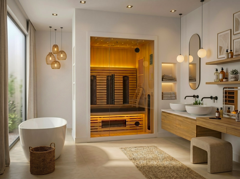 Infraroodsauna 165 Valero Pro – strak design, ruime cabine en therapeutische infraroodtechnologie. Moderne 4-persoons infraroodsauna 165 Valero Pro met glazen voorzijde en witte matte afwerking (RAL 9003), voorzien van 9 Infraheat™ stralers.