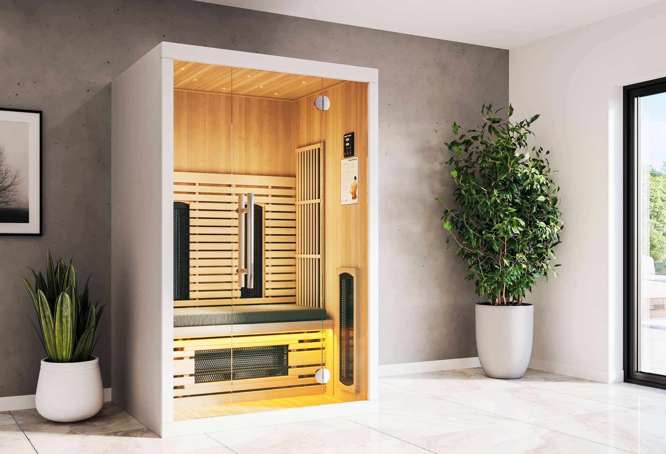 Stijlvolle sauna voor twee personen – past perfect in jouw badkamer 2-persoons infrarood sauna van hout geplaatst in een moderne badkamerv