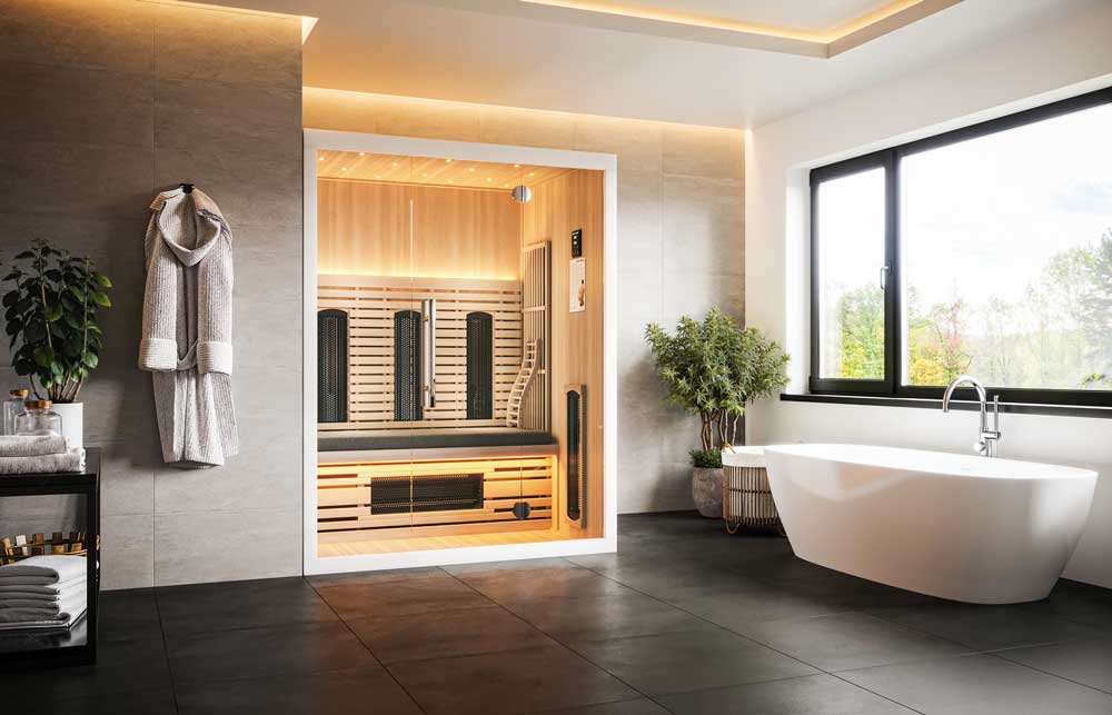 Moderne 4-persoons infraroodsauna 165 Valero Pro met glazen voorzijde en witte matte afwerking (RAL 9003), voorzien van 9 Infraheat™ stralers.