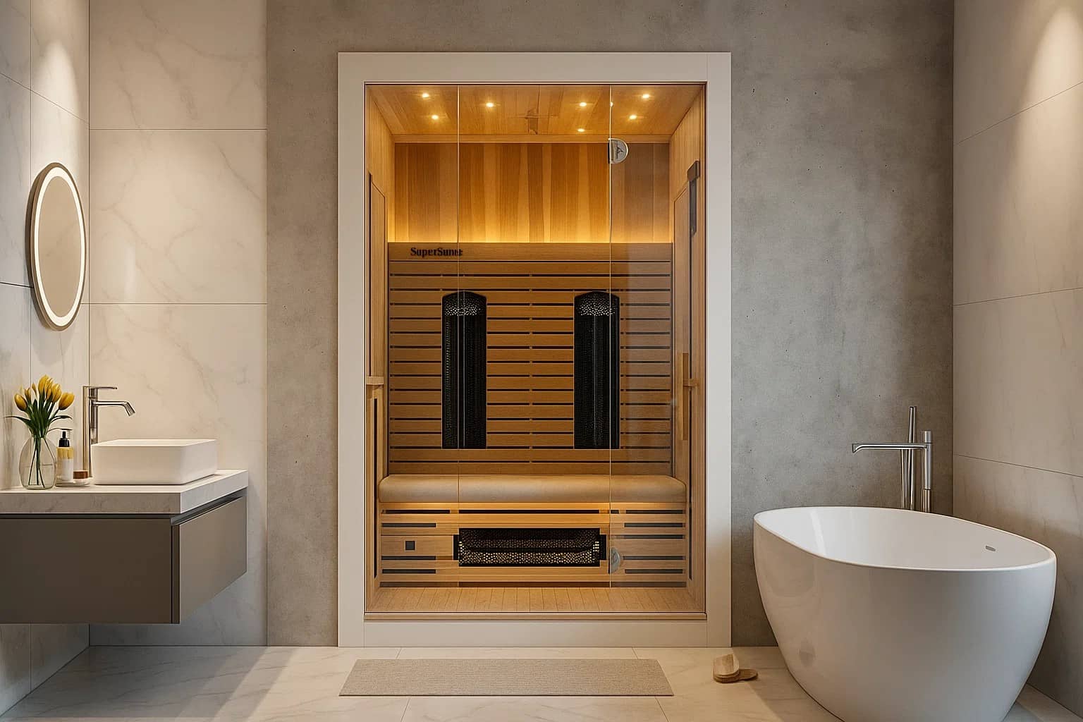 2-persoons infrarood sauna van hout geplaatst in een moderne badkamerv