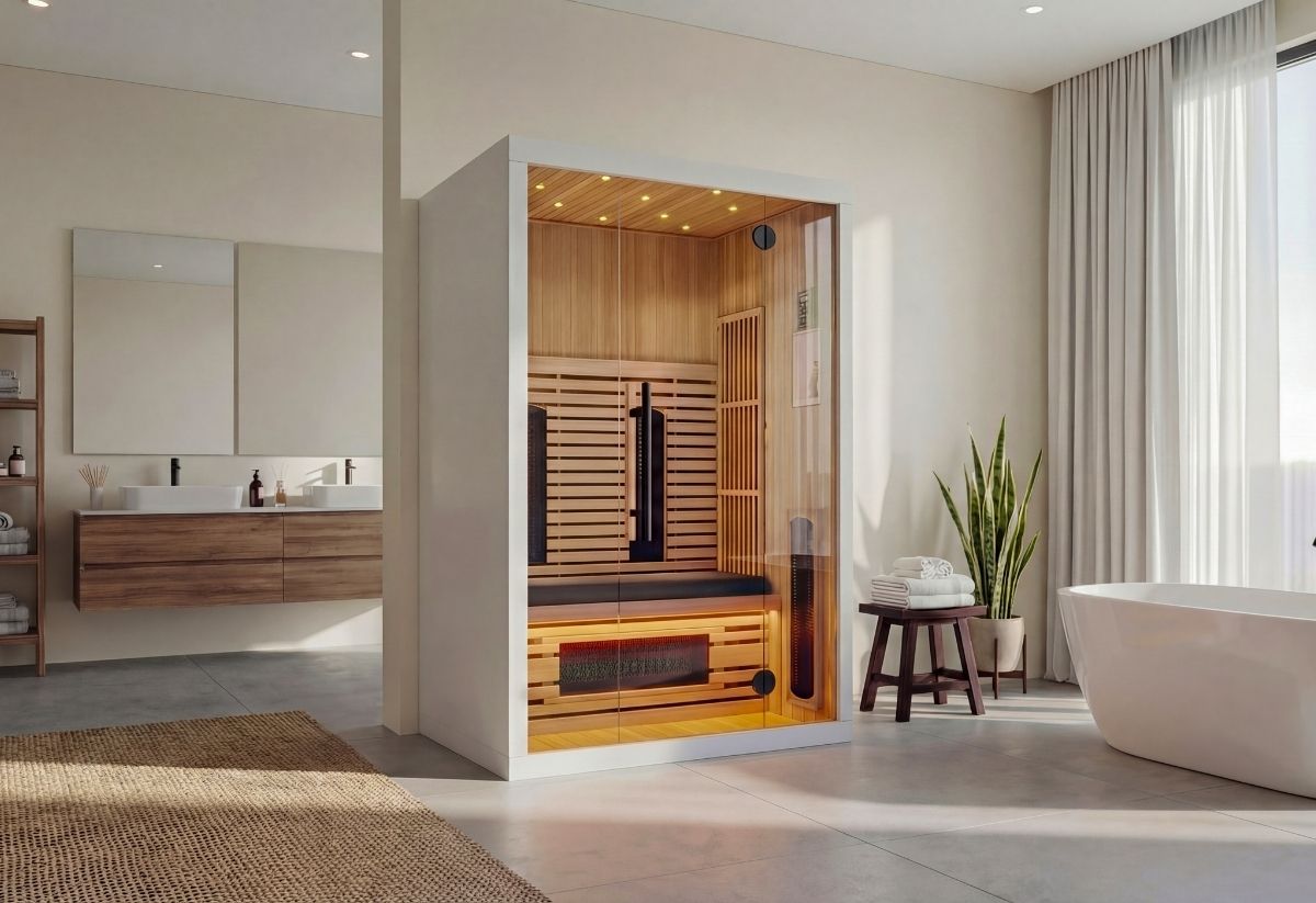 Stijlvolle sauna voor twee personen – past perfect in jouw badkamer 2-persoons infrarood sauna van hout geplaatst in een moderne badkamerv