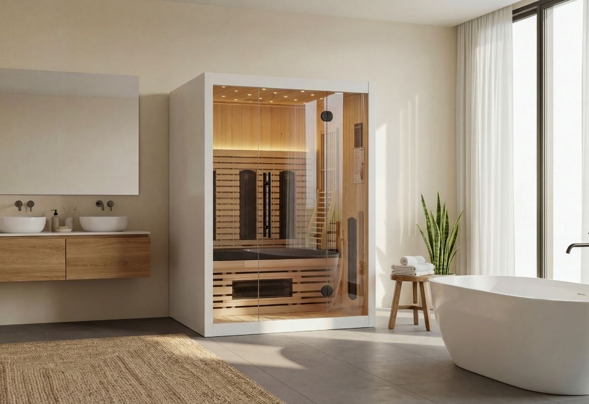 Moderne 4-persoons infraroodsauna 165 Valero Pro met glazen voorzijde en witte matte afwerking (RAL 9003), voorzien van 9 Infraheat&trade; stralers.