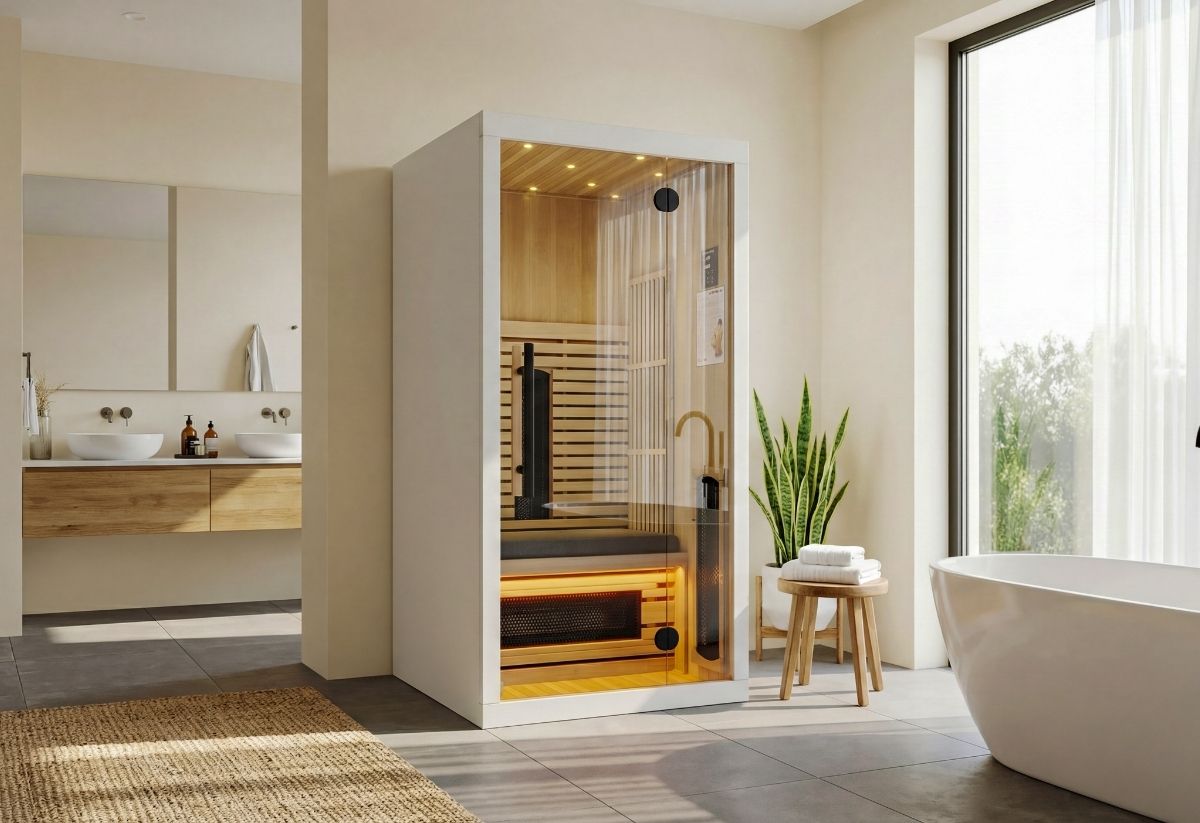 1-persoons infrarood sauna van hout geplaatst in moderne badkamer