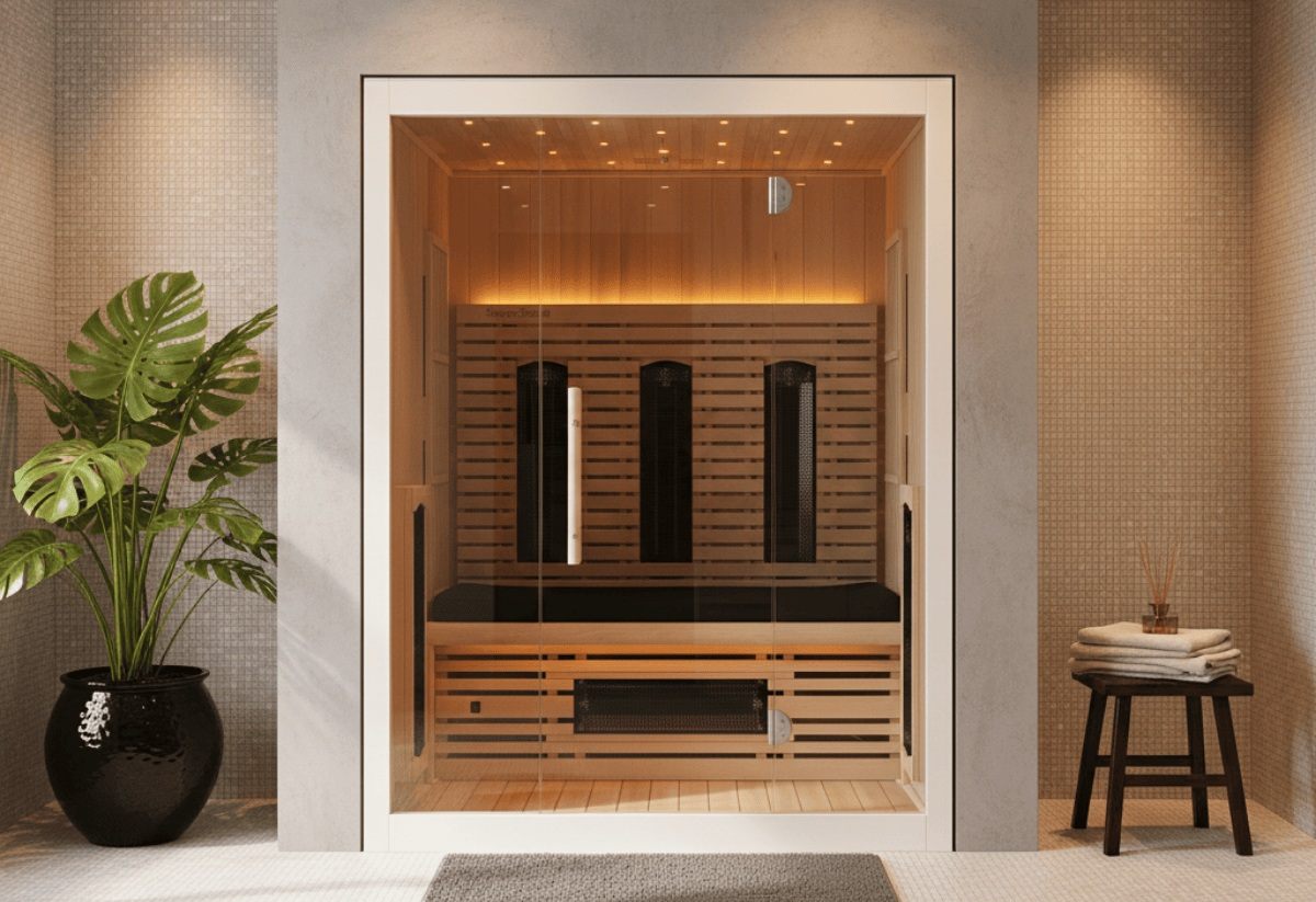 Infraroodsauna 165 Valero Pro – strak design, ruime cabine en therapeutische infraroodtechnologie. Moderne 4-persoons infraroodsauna 165 Valero Pro met glazen voorzijde en witte matte afwerking (RAL 9003), voorzien van 9 Infraheat™ stralers.